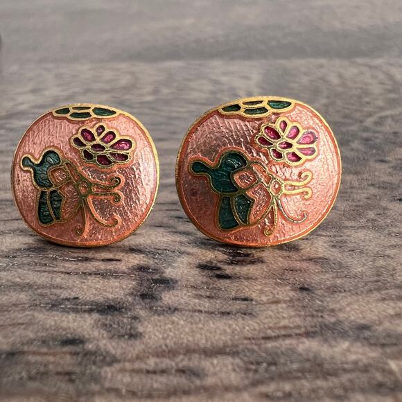 Vintage cloisonné pink and gold floral post earrings - Picture 2 of 4